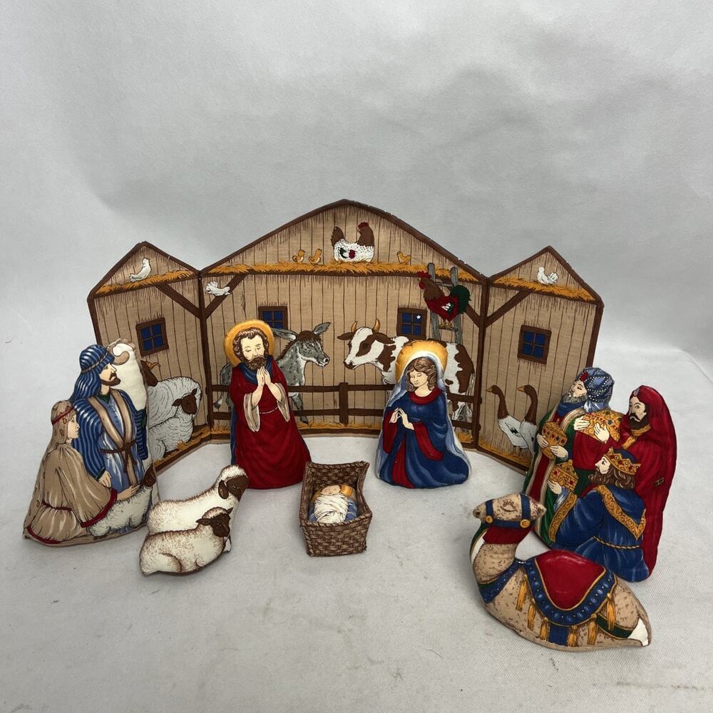 Vintage Hand-Stitched Sewn Stuffed Fabric Cloth Nativity Set Christmas - 9 Piece